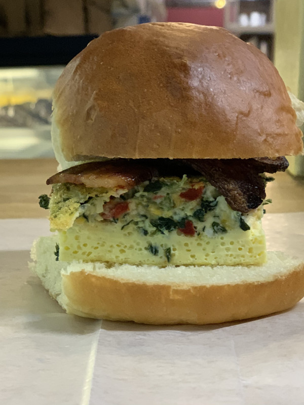 Breakfast Sandwich - Vegetable Frittata with Bacon on Brioche Roll